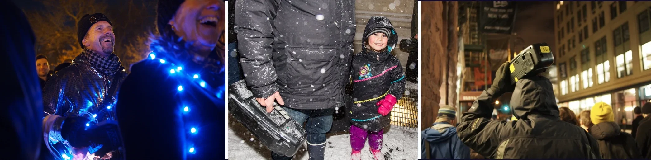 Collage of Unsilent Night participants: holding a boombox overhead in a snowy park, a crowd at night, and someone carrying a boombox on their shoulder through NYC streets