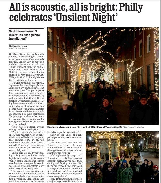 Screenshot of a Philadelphia Inquirer article titled "All is acoustic, all is bright: Philly celebrates 'Unsilent Night'"