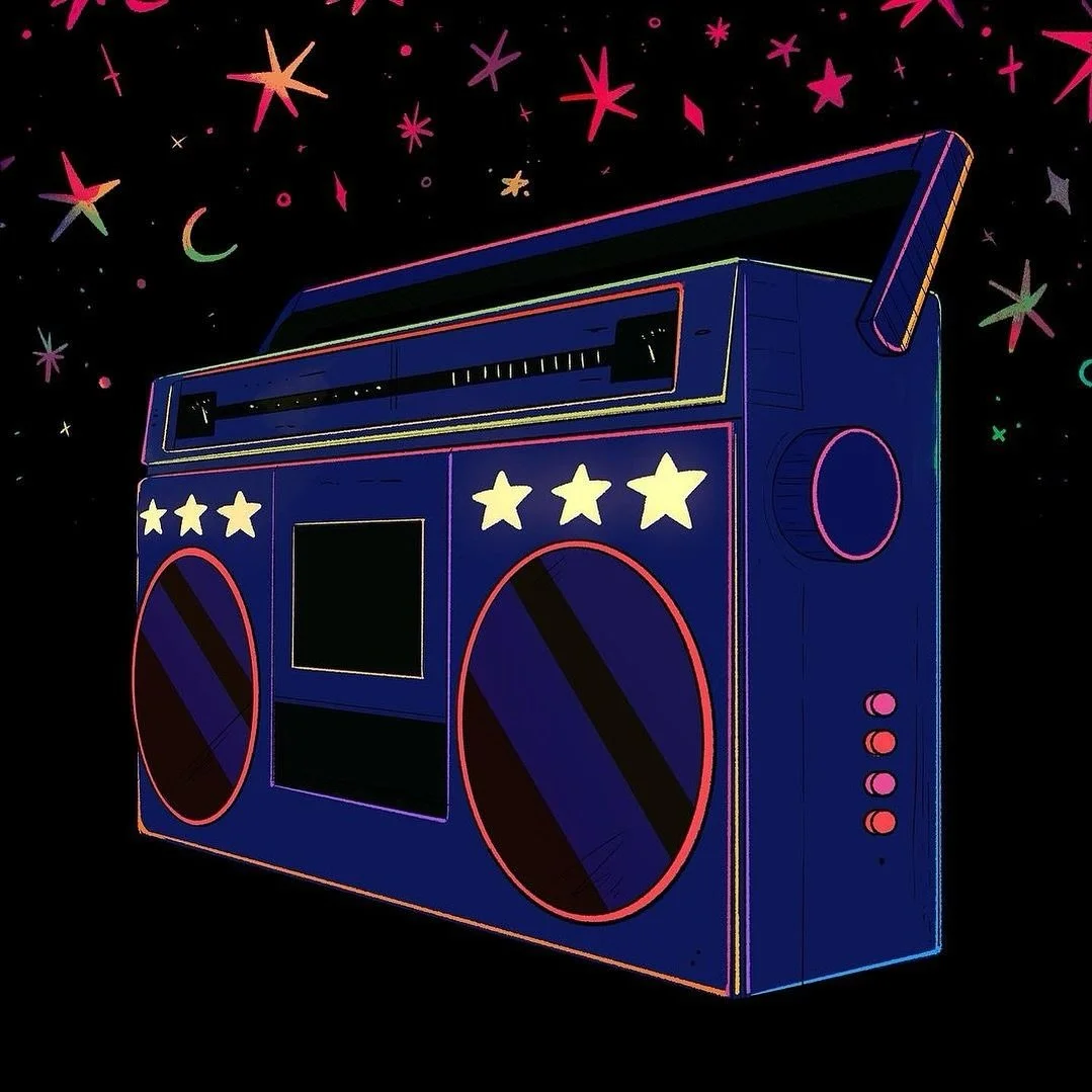 Illustrated graphic of a glowing boombox against a starry night sky